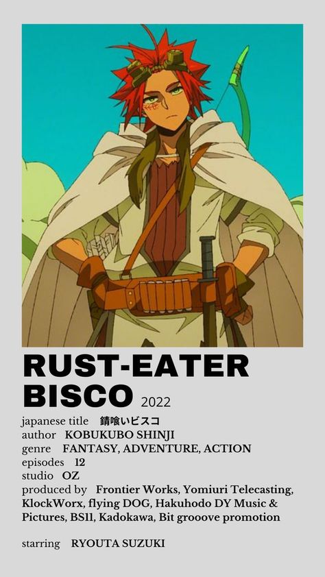 Rust-Eater Bisco | Sabikui Bisco | 錆喰いビスコ | #anime of winter 2022 #good anime of 2022 #fantasy anime #anime #aesthetic anime #anime to watch #good anime to watch #minimalist poster #anime minimalist poster #anime poster Sabikui Bisco, Good Anime, Watch Minimalist, Anime Minimalist Poster, Anime To Watch, Japanese Titles, Flying Dog, Anime Suggestions, Animes To Watch