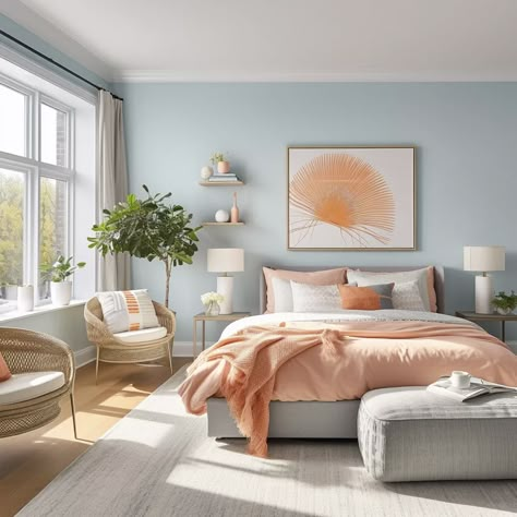 light blue bedroom with peach accents Light Colors Bedroom Ideas, Spare Bedroom Ideas Colourful, Peach And Blue Bedroom Ideas, Bedroom Blue Walls Aesthetic, Calm Blue Bedroom Ideas, Bedroom Decor Light Blue, Light Blue Bedroom Walls Colour Schemes Color Combinations, Sky Blue Bedroom Walls Decorating Ideas, Bedrooms With Light Blue Walls