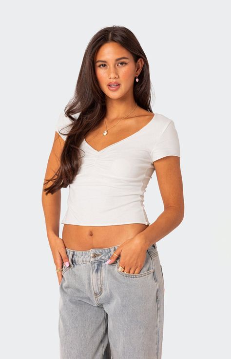 Edikted Ava V Neck Ruched Top | PacSun Visionary Fashion, Layered Haircuts For Medium Hair, Outfit Inspo Casual, Ruched Top, Cute Preppy Outfits, Simple Trendy Outfits, Cute Everyday Outfits, Preppy Outfits, College Outfits