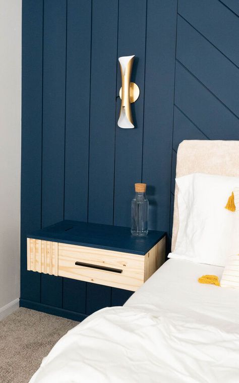 Diy Nightstand Floating, Wall Mounted Headboard With Nightstands, Diy Headboard With Floating Nightstand, Headboard With Nightstand Attached Diy, Headboard With Built In Lights, Floating Nightstands Bedroom, Gap Between Bed And Wall, Diy Headboard With Nightstand, Wall Nightstand Ideas