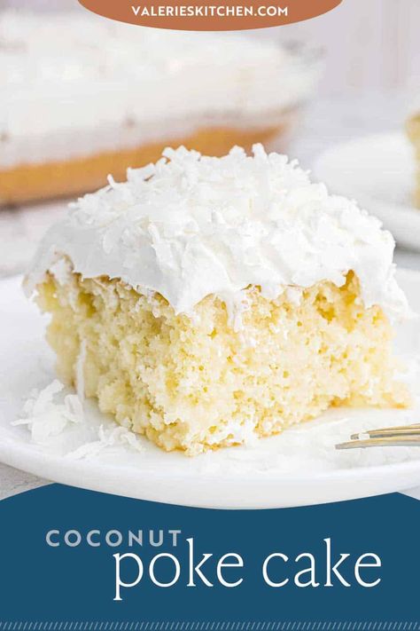 Boxed cake mix is dressed up with a sweet cream of coconut filling and frosted with whipped topping and shredded coconut. This easy Coconut Poke Cake is a delicious dessert that makes enough to feed a crowd. Easy Coconut Poke Cake, Coconut Poke Cake, Coconut Poke Cakes, Poke Cake Lemon, Spring Time Desserts, Cream Of Coconut, Coconut Pudding, Boxed Cake, Tandoori Masala