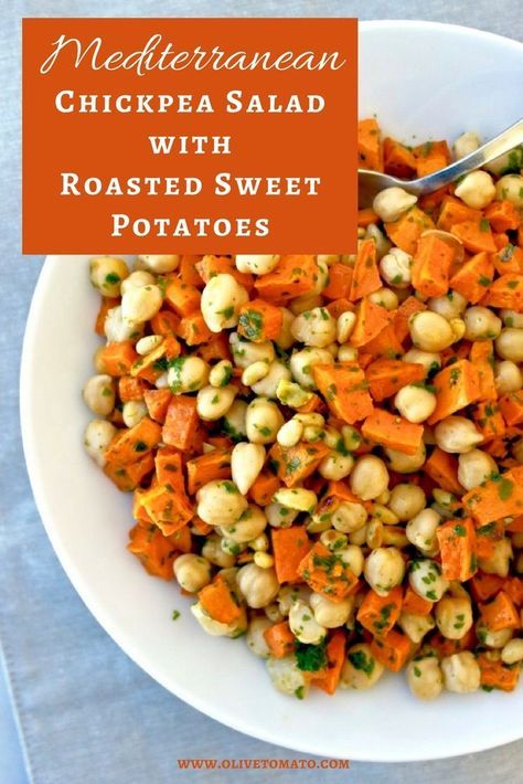 Roasted Sweet Potato Salad with Chickpeas - Delicious and Filling! #vegan #salad #beans Mediterranean Veggies, Mediterranean Sweet Potatoes, Salad Beans, Roasted Sweet Potato Salad, Olive Tomato, Work Breakfast, Salad With Chickpeas, Mediterranean Chickpea, Christmas Brunch Recipes