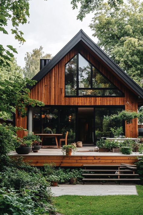 45 Idyllic Village House Designs You'll Want to Call Home House Gable Decoration, Container Small House Design, Wooden Cabins Houses, Modern Gable House, Village House Plan, Modern Gable Roof, Moody Exterior, Cottage In The Mountains, Wooden Range Hood