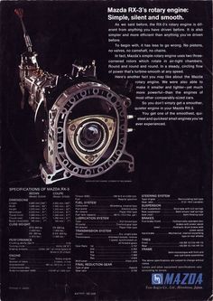 Mazda Savanna (RX-3) Brochure - 1972 (4 page) (US) - Page 04 (72dpi) - Retro JDM Modified Bikes, Mazda Rx3, Luxury Bmw, Wankel Engine, Chrysler Airflow, Vehicle Storage, Rotary Engine, Mazda Rx8, Road Motorcycle