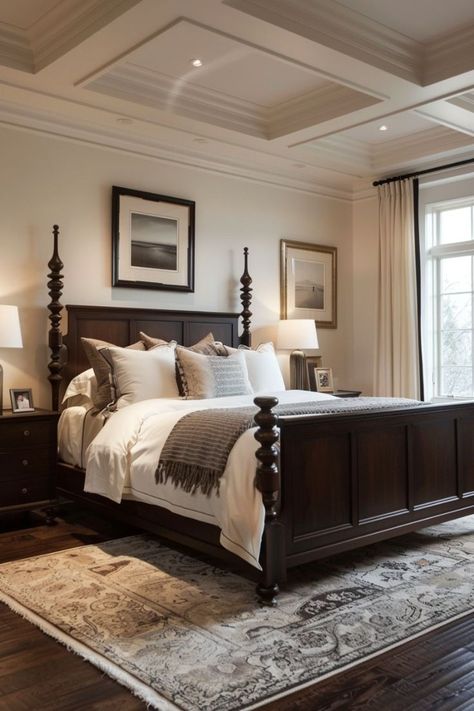 Bedroom With Dark Hardwood Floors, Rooms With Dark Wood Furniture, Traditional Bedroom Decor Master Suite Dark Wood, Bedroom Inspirations Master Dark Wood Furniture Design, Brown Floor Bedroom, Bedroom With Dark Wood Floors, Wood Floor Bedroom Ideas, Bedroom Decor Ideas Dark, Dark Brown Furniture Bedroom