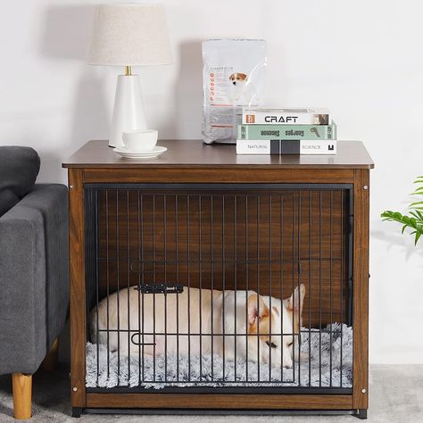 【Attractive Dog Cage Furniture】 This is a nice piece of furniture that also serves as a dog crate. It can also be used as a end table or bracket for your living room, office or bedroom. large bedside table and ideal for small apartments or small rooms. And classic color makes it a great home decor Heavy Duty Dog Kennel, Furniture Style Dog Crate, Crate End Tables, Wooden Dog Crate, Wooden Dog House, Dog Kennel Furniture, Dog Box, Dog Kennels, Dog Cage