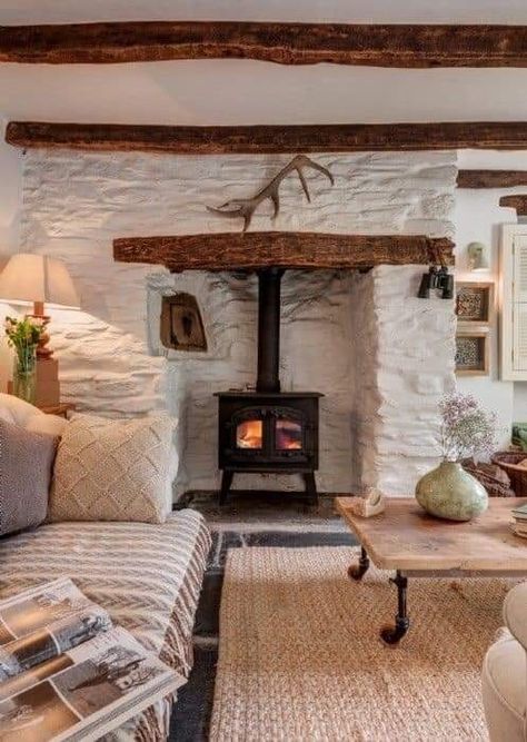 Cottage Fireplace, Country Cottage Interiors, Cosy Living, Cottage Living Rooms, Cottage Interior, Cottage Interiors, Cottage Living, A Living Room, Wood Burning Stove