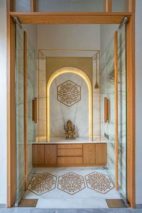 Mandir Doors, Hall Room Design, Modern Arabic Interior, House Temple, Temple Ideas, Pooja Unit, Pooja Door Design, Window Seating, Partition Designs