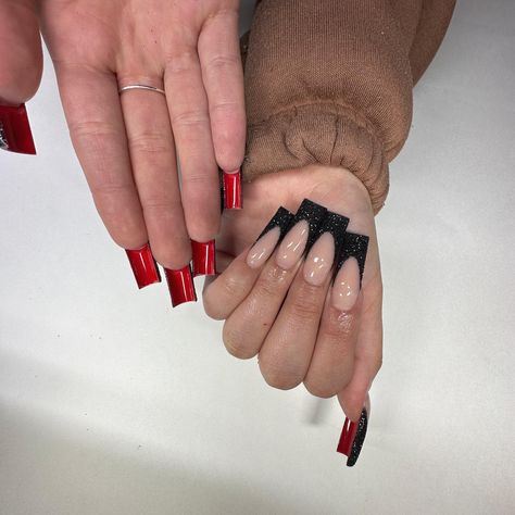 Nail Inspo Red Bottoms, Black Glitter Nails With Red Bottoms, Black Glitter Red Bottom Nails, Ref Bottom Acrylic Nails, Red And Black Nails Black Women, Black Nails With Red Bottoms And Rhinestones, Black French Tip With Red Under, Glitter Red Bottom Nails, Glittery Red Bottom Nails