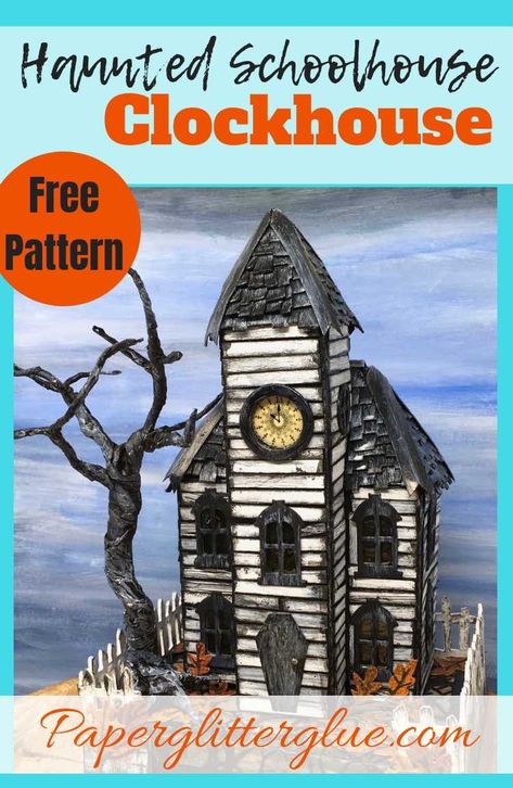 How to make this Spooky Haunted Halloween Schoolhouse with a clock face and a coffin door to decorate for Halloween. Free pattern and full tutorial. Cardboard Haunted House Diy, Vintage Paper Template, Cardboard Haunted House, Halloween Villages, Craft Models, Advent House, Halloween Houses, Paper House Template, Halloween Arts