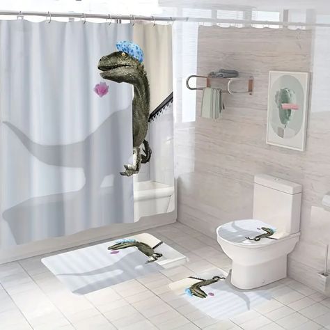 1 3 4pcs Dinosaur Pattern Shower Curtain Mat Set Waterproof Shower Curtain With 12 Hooks Non Slip Bathroom Rug Toilet U Shape Mat Toilet Lid Cover Pad Bathroom Decor - Home & Kitchen - Temu Dinosaur Bathroom, 3d Dinosaur, Funny Dinosaur, Dinosaur Room, Bathroom Shower Curtain Sets, Bilik Air, Bathroom Themes, Bathroom Shower Curtain, Bathroom Decor Sets