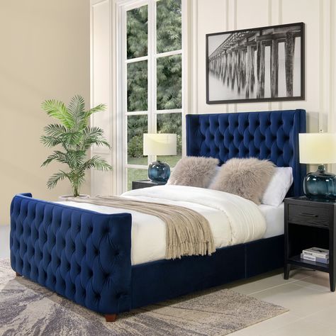 Blue Velvet Headboard Bedroom Ideas, Blue Velvet Headboard, Brooklyn Queen, Blue Headboard, Navy Blue Bedrooms, Blue And White Living Room, Tufted Furniture, Blue Bed, Glam Bedroom