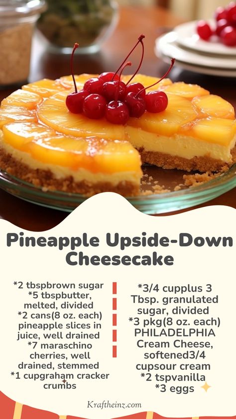 Image of a Pineapple Upside-Down Cheesecake with pineapple slices and cherries on top, set in a graham cracker crumb crust, inverted and displayed on a dessert plate, ready to be served. Upside Down Pineapple Cheesecake, Pineapple Cheesecake Recipes, Cheesecake Recipes Sour Cream Topping, Pineapple Cheesecake Topping, Pineapple Upside Down Cheesecake Recipe, Pineapple Upside Down Cheesecake Cupcake, Pineapple Heaven Cheesecake, Dessert With Pineapple, Pineapple Coconut Cheesecake