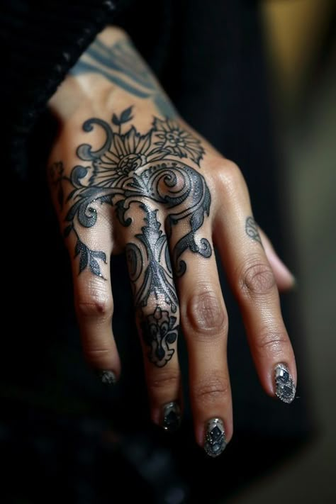 Female Finger Tattoos Hands, Mechanical Finger Tattoo, Back Of The Hand Tattoo, Hands Tattoo For Women, Women’s Hand Tattoos, Edgy Hand Tattoos, Hand And Arm Tattoos, Little Finger Tattoos, Feminine Hand Tattoos