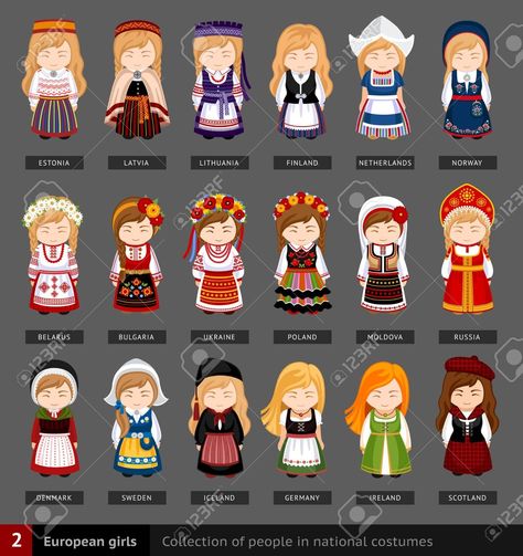 Country Costumes, European Costumes, European Girl, Dress Vector, Costumes Around The World, National Clothes, Kids Around The World, European Girls, National Dress