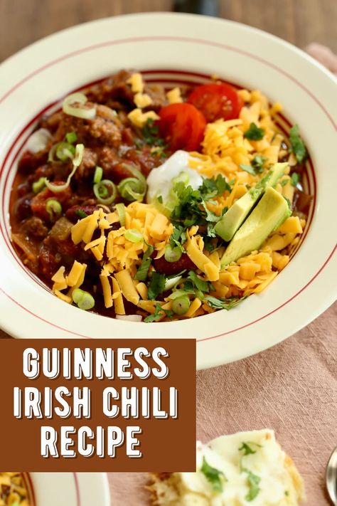 bowl of irish chili on a table. Guinness Irish Stew, Guiness Stew Slow Cooker, Beef And Guiness Stew All Recipes, Guinness Chili, Irish Stew Recipe Guinness Instant Pot, Mexican Chicken Casserole, Homemade Tortilla Chips, Beef Chili, Fire Roasted Tomatoes