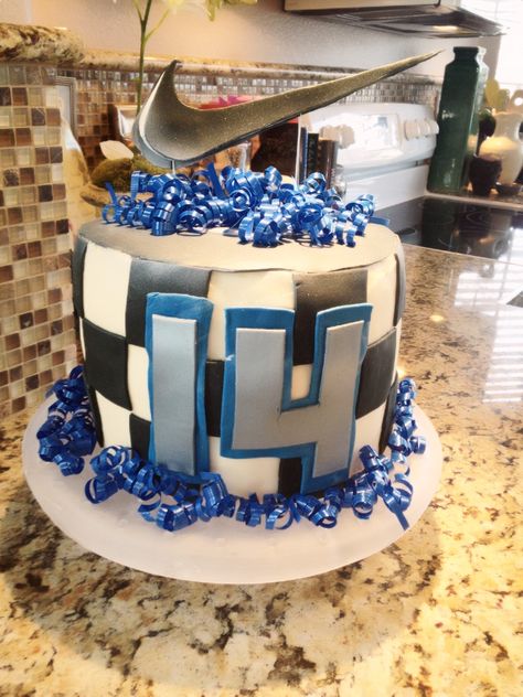 Ethan's Nike 14th birthday cake Birthday Cake 14th Boy, Boys 14th Birthday Ideas, 14th Birthday Cakes Boy, Cake Ideas For Teenage Boys, 14th Birthday Party Ideas For Boys, Cakes For Teenagers, Birthday Cake Designs, 14th Birthday Party Ideas