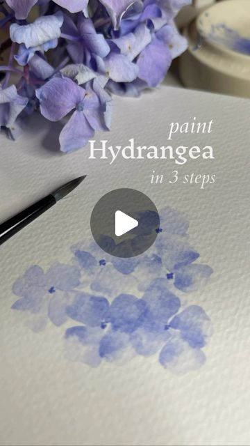 Painting Instructions Step By Step, How To Paint Hydrangeas Step By Step, Hydrangea Watercolor Step By Step, Watercolor Hydrangea Step By Step, Tiny Flower Painting, Tiny Watercolor Paintings, Painting Hydrangeas, Learning Watercolor, Watercolor Step By Step