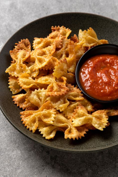 Nick Digiovanni Recipes, Pasta Chips Recipe, Air Fryer Pasta Chips, Nick Digiovanni, Viral Pasta, Air Fryer Pasta, Pasta Chips, Make Pasta, Farfalle Pasta