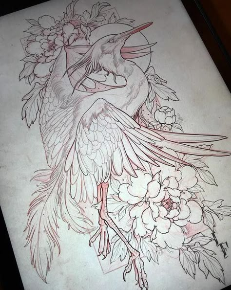 Japanese Stork Tattoo Design, Blackwork Crane Tattoo, Hint Of Color Tattoo, Traditional Stork Tattoo, Crane Flower Tattoo, Crane Sleeve Tattoo, Crane Tattoo Arm, Japanese Crane Tattoo Design, Stork Tattoo