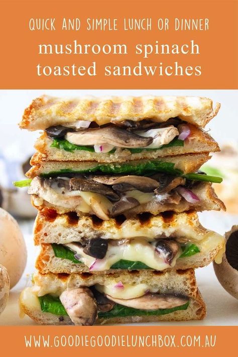 mushroom spinach toasted sandwiches, a quick and delicious weeknight meal or easy mum lunch. Serve by themselves or with soup these veggie packed toasties are flavour packed. #toastedsandwiches #toasties #quickeasydinner #vegetariandinnerforkids #goodiegoodielunchbox Vegetarian Toasted Sandwich, Mushroom Panini, Toastie Recipes, Healthy Food Plan, Toasted Sandwich Recipes, Toasted Sandwiches, Toasted Sandwich, Mushroom Sandwich, Creamy Pumpkin Soup