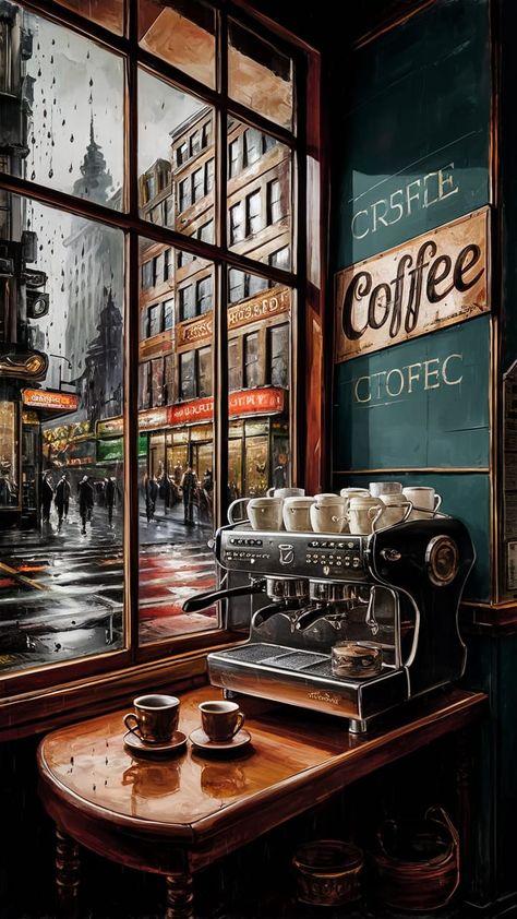 Inside Of Coffee Shop, Barista Aesthetic Wallpaper, Coffee Shop Vintage Design, Coffee Shop Aesthetic Wallpaper, Coffee Shop Design Vintage, Dark Cafe Aesthetic, Vintage Bar Aesthetic, Vintage Cafe Aesthetic, Coffee Cup Wallpaper