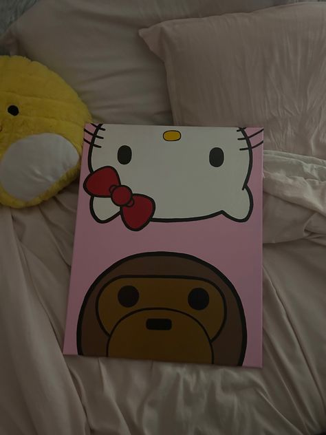 Milo And Hello Kitty, Hello Kitty Painting, Easy Graffiti Drawings, Kitty Painting, Cute Easy Paintings, Pink Canvas Art, Baby Milo, Color Drawing Art, Simple Canvas Paintings