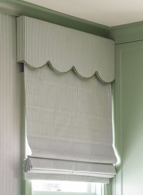 Nursery Roman Shades, Scalloped Edge Curtains, Curtains Bedroom Aesthetic, Scalloped Pelmet, Striped Roman Blinds Bedroom, Roman Blinds Scallop, Green Stripe Blinds, Nursery Window Treatments, Drapery Treatments