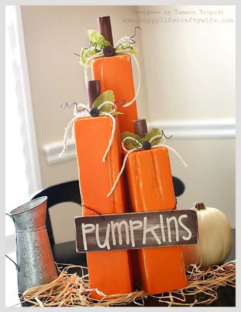 Easy DIY Halloween Decorations | Quick Ideas for Adults, Kids and Teens | 4 x 4 wood pumkin decor Pumkin Decoration, Pumpkin Decorating Diy, Diy Halloween Dekoration, Easy Diy Halloween Decorations, Porch Windows, Pumpkin Projects, Adornos Halloween, Wooden Pumpkins, Wood Pumpkins