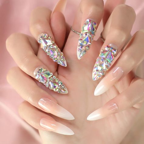 Ombre Pink Fake Press On Nails 3d Extra Long Stiletto Artificial Jewelry Full Cover False Nail With Rhinestones Luxury Bridal Wedding Professional Nail Art Salon Nail Art Salon, Nail Jewels, Professional Nail Art, Nail Length, Nail Art Hacks, False Nail, Nail Sizes, Artificial Nails, Rhinestone Nails