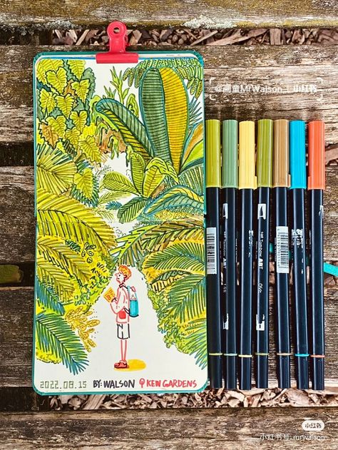 Marker Coloring Ideas, Tombow Marker Art, Tombow Illustration, Tombow Art, Color Pencil Illustration, Travel Journal Scrapbook, Travel Art Journal, Travel Sketchbook, Posca Marker