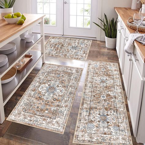 PRICES MAY VARY. Farmhouse Kitchen Rugs Sets of 3: Package includes boho kitchen rugs and mats 3 piece with runner set, Size: 20"x59"+20"x32"+32"x47". Wider and larger size than other kitchen rug set, great for kitchen floor and laundry room decor, also perfect to use as indoor door mat entrance rug, laundry room rug runner, bathroom mat. This vintage kitchen rug set looks very good, adds an elegant touch and a nice pop of color to your home! Durable Stain Resistant Kitchen Mats for Floor: This Rubber Kitchen Mats, Farmhouse Kitchen Rug, Farmhouse Kitchen Rugs, Kitchen Area Rugs, Kitchen Rugs Washable, Farmhouse Area Rugs, Area Rug Sets, Kitchen Rugs And Mats, Laundry Room Rugs