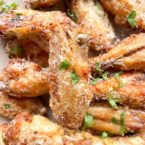 Garlic parmesan chicken wings Recipe Garlic Parm Wings, Parmesan Wings, Garlic Parmesan Wings, Parmesan Chicken Wings, Garlic Parmesan Chicken Wings, Frozen Chicken Wings, Crispy Wings, Air Fryer Chicken Wings, Garlic Parmesan Chicken