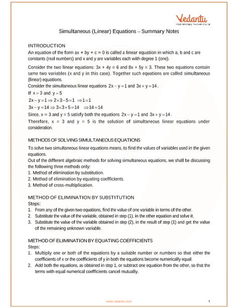 Simultaneous Equations Notes, Linear Equations Notes, Linear Equations In One Variable, Equations Notes, Class 09, Simultaneous Equations, Solving Linear Equations, Class 9, Revision Notes