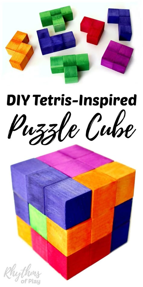 This DIY Tetris Puzzle Cube was inspired by the Nintendo video game of Tetris. Homemade wooden puzzles like these fun cubes make a great gift idea and stocking stuffer for both kids and adults. Anyone can exercise their geometric and spatial thinking by playing and experimenting with this puzzle’s pieces. An awesome STEM activity for kids. Diy Tetris, Tetris Puzzle, Stem Activity For Kids, Cheap Diy Headboard, Diy Locker, Diy Wainscoting, Puzzle Cube, Diy Blanket Ladder, Stem Activity