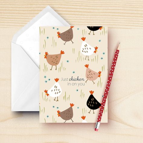 Just Chicken in on You Greeting Card - Kathrin Legg available on Etsy. A farmyard filled with chickens, each doing their own thing. Text shows "Just Chickenin on You" Chicken Christmas Card, Chicken Greeting Cards, Funny Cards For Friends, Chicken Cards, Chicken Illustration, Chicken Pattern, Etsy Cards, Animals Farm, Bday Cards