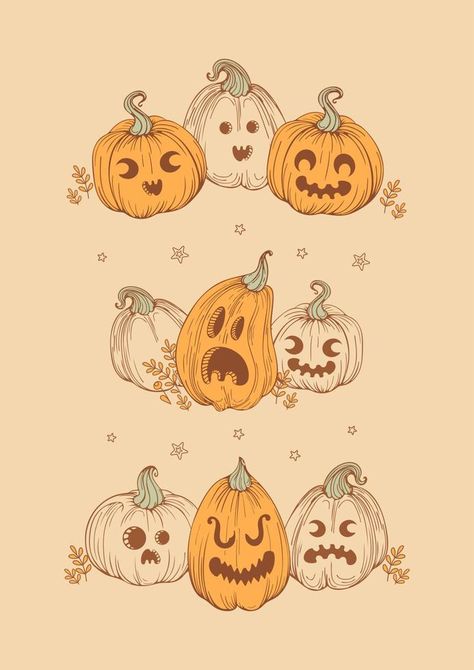 happy halloween. Jack o lantern. A set of vintage pumpkins with funny, frightening and cheerful faces, autumn leaves, stars. For stickers, posters, postcards, design elements Jack O'lantern Drawing, Jack O Lantern Tattoo Design, Cute Pumpkins Drawings, Vintage Jackolantern Art, Vintage Pumpkin Art, Vintage Halloween Pumpkin Faces, Vintage Halloween Drawings, Funny Jack O Lantern Faces, Vintage Jack O Lantern Faces