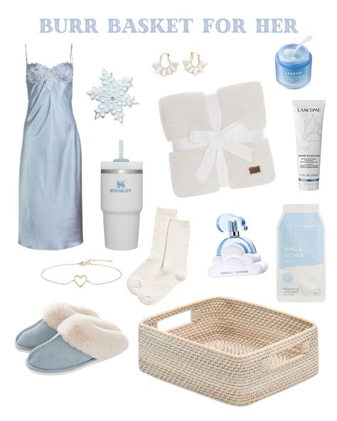 Wrap yourself in winter coziness with this Burr Basket for Her! Featuring a silky slip dress, plush blanket, and fuzzy slippers, it’s perfect for chilly nights. Pamper with Laneige Water Bank Cream, Lancôme cleanser, and a vanilla oat milk mask. Add a Stanley tumbler for warm drinks and delicate jewelry for a touch of elegance. Ideal as a thoughtful gift or self-care treat, this basket blends style and warmth for the season! ❄️💙 Cozy Gift Basket, Winter Coziness, Milk Mask, Burr Basket, Laneige Water Bank, Warm Drinks, Stanley Tumbler, Fuzzy Slippers, Cozy Gift