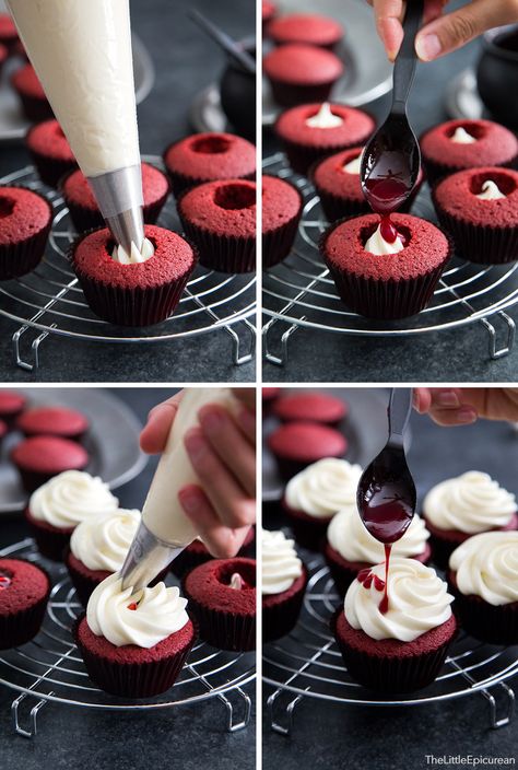 Bloody Red Velvet Cupcakes. Fun and tasty Halloween treat. Halloween Muffins, Muffins Decoration, Cupcakes Red Velvet, Dessert Halloween, Fest Mad, Resipi Kek, Halloween Fest, Halloween Treats For Kids, Oreo Cupcakes