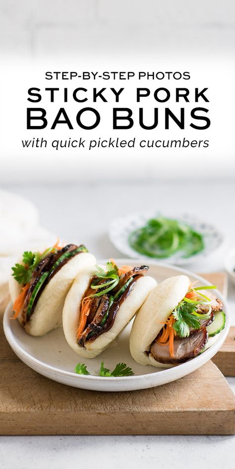 Bird Buns, Meal Appetizers, Pork Bao Buns, Pork Bao, Recipes Chinese, Sticky Pork, Pickled Cucumbers, Monte Cristo Sandwich, Recipes Cheap