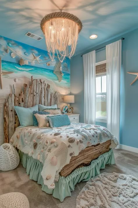 Bedroom For Toddler Girl, Beach Vibe Bedroom, Sea Life Bedroom, Beach Theme Bedroom, Costal Bedroom, Ocean Room Decor, Ocean Themed Bedroom, Beach Room Decor, Cabin Theme