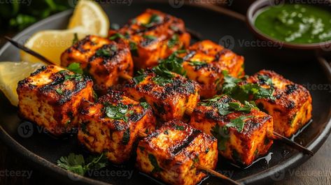 Spicy paneer tikka skewers marinated grilled served with mint chutney and lemon wedges on a ceramic plate Indian Food Photography, Mint Chutney, Paneer Tikka, Flower Stencil, Lemon Wedge, Ceramic Plate, Indian Food, Skewers, Ceramic Plates