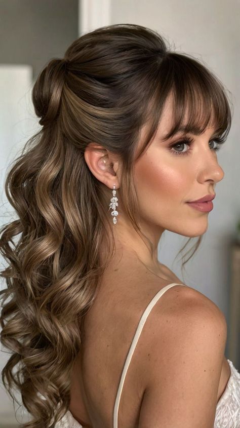 Wedding Hair With Front Bangs, Wedding Curtain Bangs, Bride Earrings Hair Down Half Updo, Half Up Bouffant Hair, Half Updo With Bangs Wedding, Wedding Hairstyles Half Up Half Down Asian Hair, Bride Bangs Hairstyles, Homecoming Hairstyles Bangs, Updo Hairstyles With Bangs For Wedding