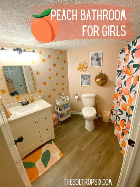 Girl's peach themed bathroom Peach Themed Bathroom, Peach Wall Color, Peachy Clean, Peach Bathroom, Peach Decor, Peach Rug, Peach Walls, Bathroom Decor Colors, Themed Bathroom