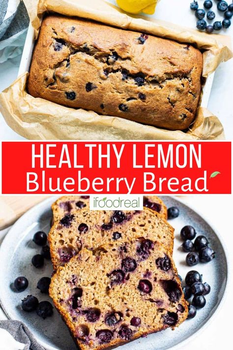 Healthy Lemon Blueberry Bread is moist, fluffy and bursting with lemony flavor and blueberries in every bite. Made with whole wheat flour, yogurt and no refined sugar, this low calorie blueberry bread is a must try! Healthy Blueberry Bread, Lemon Quick Bread, Bread Without Sugar, Healthy Lemon Blueberry, Almond Flour Blueberry Muffins, Blueberry Bread Recipe, Blueberry Loaf, Lemon Poppyseed Bread, Healthy Blueberry Muffins