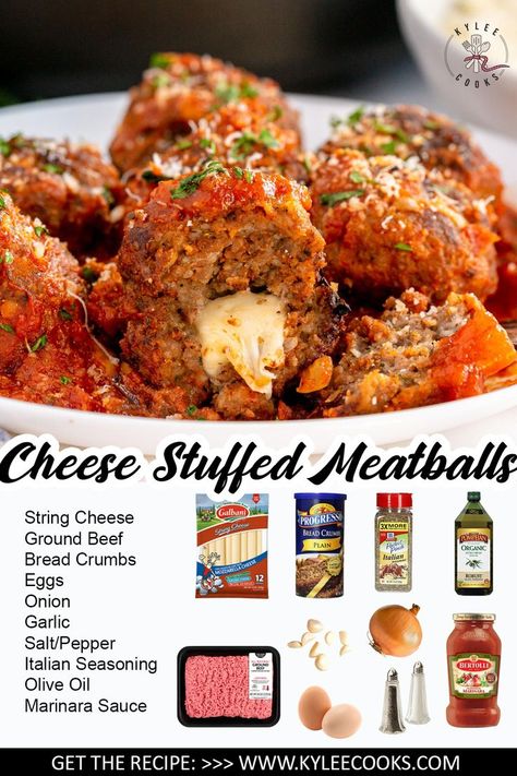 Meatballs Cheese Stuffed, Cheese Stuffed Meatloaf Balls, Meatball Stuffed With Spaghetti, Stuff Meatballs With Cheese, Easy Mozzarella Stuffed Meatballs, Italian Stuffed Meatballs, Meatballs With Mozzarella Inside, Stuffed Meatballs Recipe, Mozzarella Stuffed Meatballs Crockpot