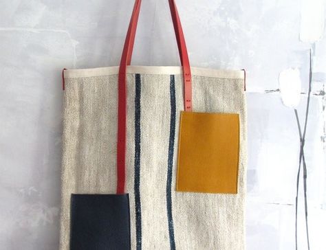 Mondriaan nr3 Tote Bag Tas Denim, Architect Gift, Grain Sack, The Architect, Eco Bag, Vintage Linen, Fabric Bags, Fabric Bag, Sewing Bag