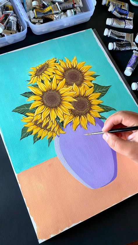 Painting Sunflowers in a Vase [Video] | Flower painting, Watercolor paintings, Gouache art Paintings Gouache, Painting Sunflowers, Flower Cactus, Vase Painting, Canvas Aesthetic, Hippie Painting, Seni Dan Kraf, Arte Van Gogh, Canvas Painting Tutorials