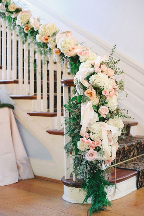 stunning flower arrangement wedding staircase decoration ideas Wedding Staircase Decoration, Fireplace Flowers, Wedding Stairs, Wedding Staircase, Garland Wedding Decor, English Garden Wedding, Tropical Wedding Flowers, Staircase Decor, Stair Decor