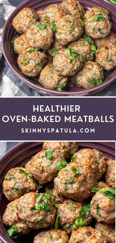 Healthier Oven Baked Meatballs – Skinny Spatula Healthy Beef Meatballs, Raining Meatballs, Meatball Orzo, Ground Pork Meatballs, Turkey Meatball Soup, Baked Italian Meatballs, Oven Baked Meatballs, Meatball Stew, Baked Meatballs